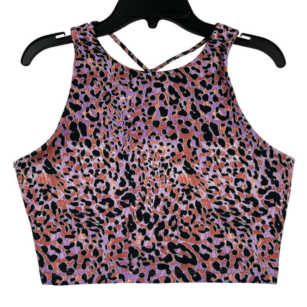 Joy Lab High Neck Longline Sports Bra Size XS Purple Leopard Laced Racerback